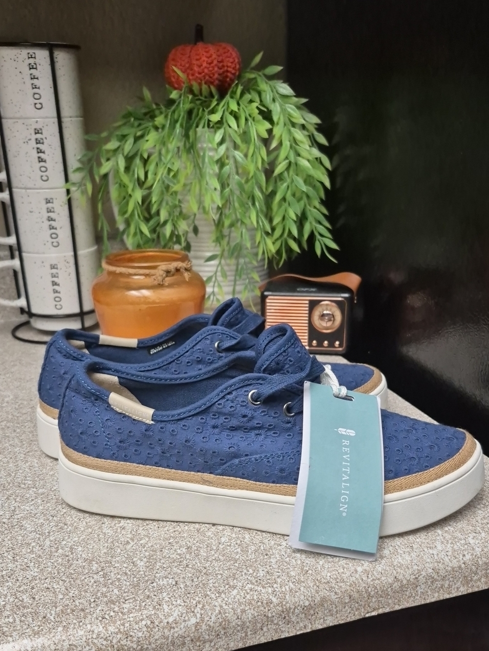 REVITALIGN Navy Eyelet Kids Slip-On Sneakers with White Platform